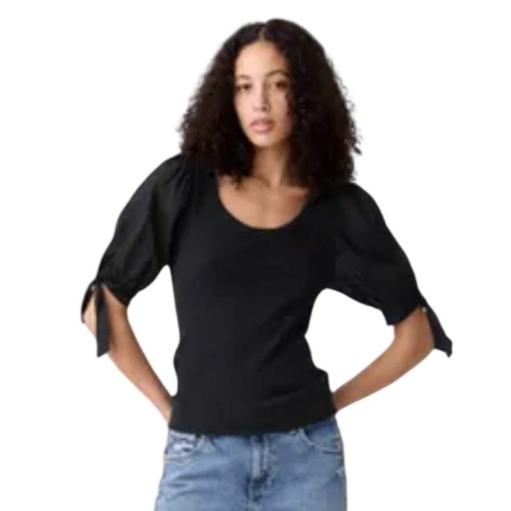 GAP NWT Women True Black Ribbed Puff Sleeve Tie Cuff Scoop Neck Top Small